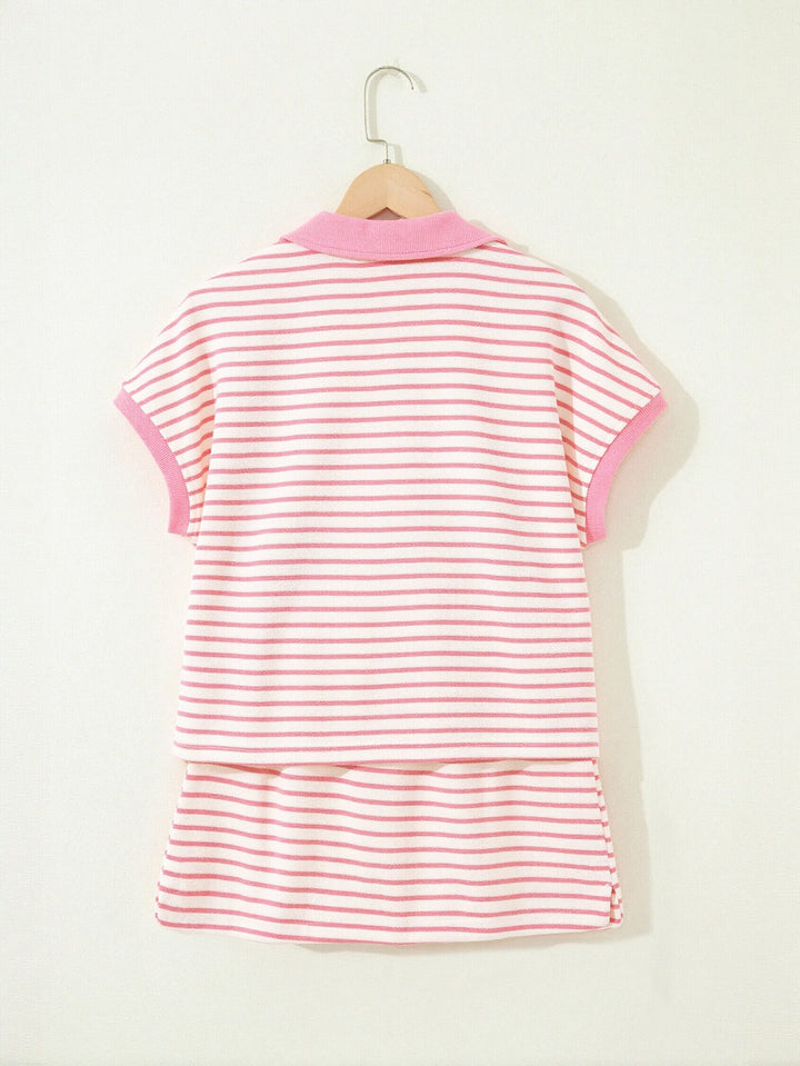 Preppy Striped Polo Skirt Set
