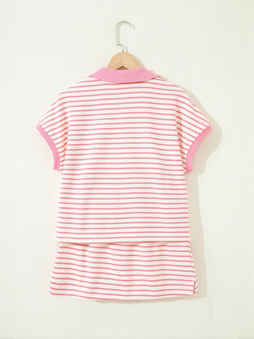 Preppy Striped Polo Skirt Set