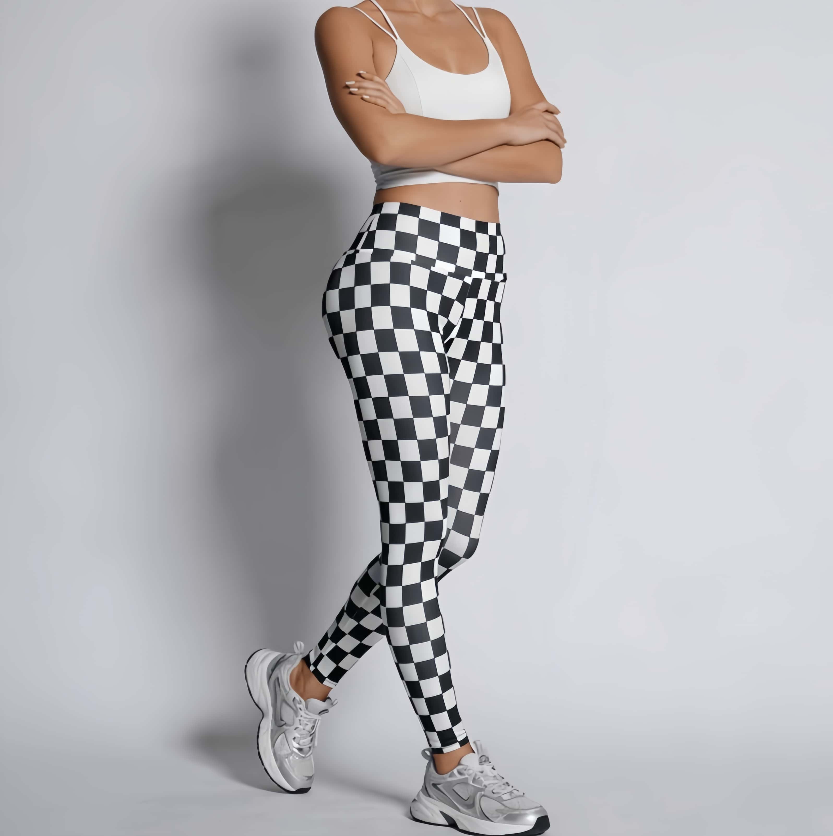 High-Waisted Checkered Yoga Pants-Black