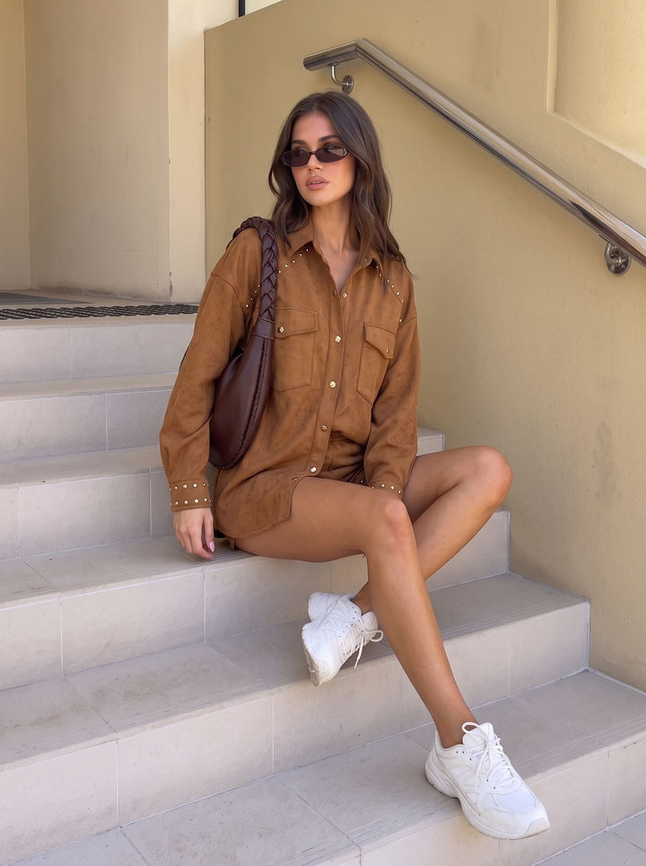 Studded Faux Suede Button Down Shirt