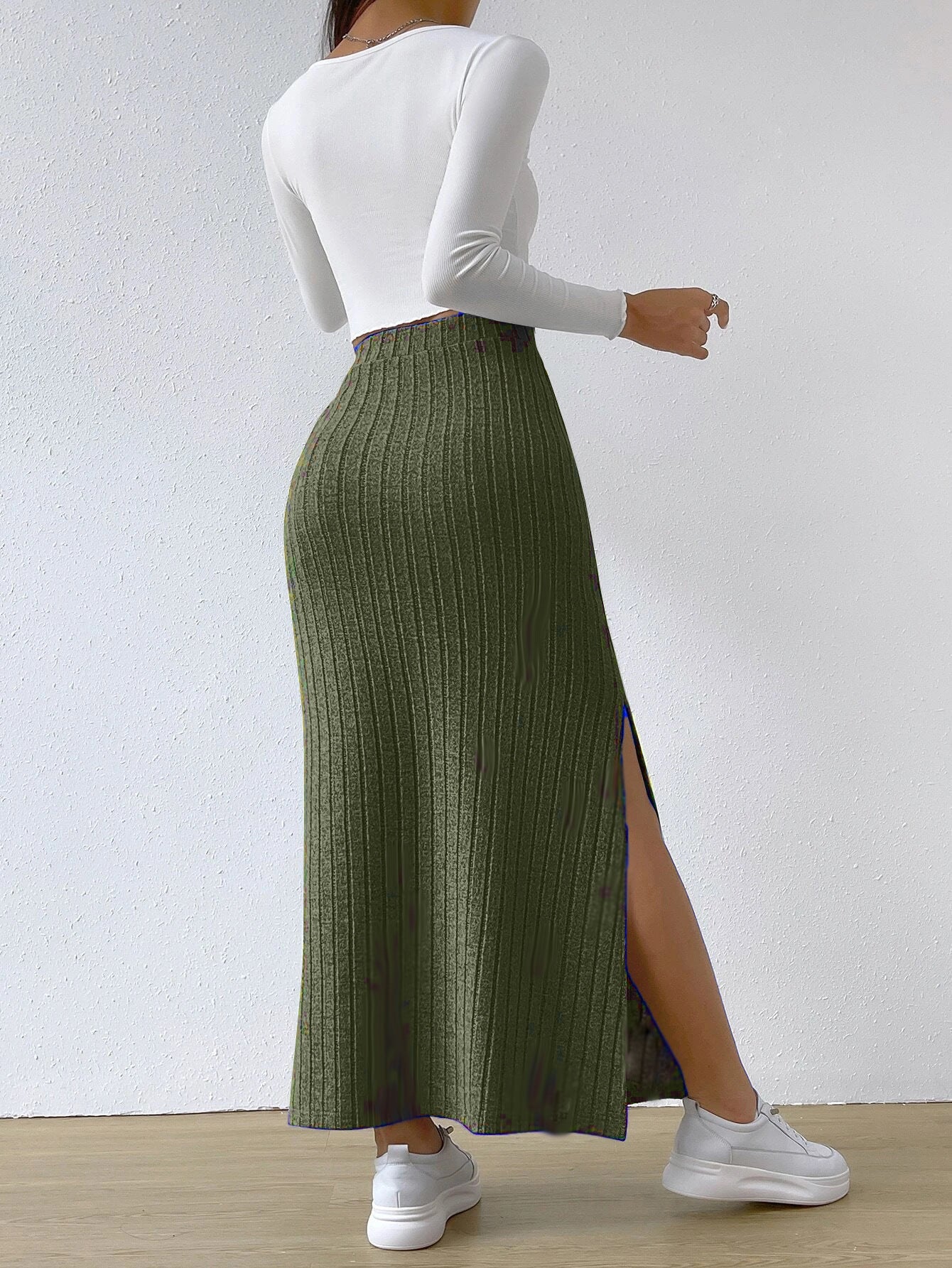 High Waisted Ribbed Slit Midi Skirt