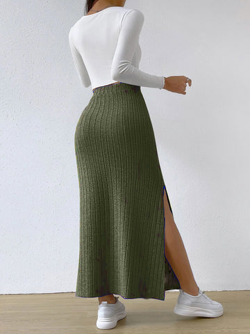 High Waisted Ribbed Slit Midi Skirt
