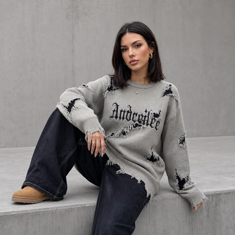 Distressed Oversized Graphic Knit Sweater